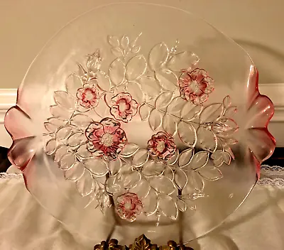 Vintage Mikasa Rosella Pattern Pink Flower Crystal Glass Cake Plate Platter 14  • $39.99