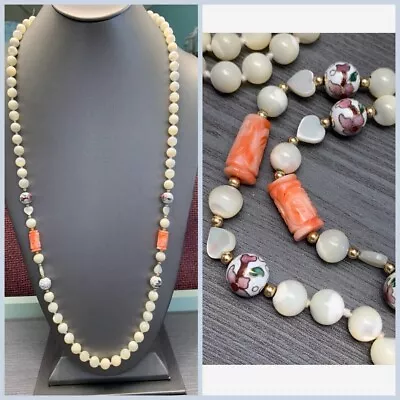 Vintage 32  MOTHER OF PEARL Carved Momo Coral Beaded CLOISONNE NECKLACE • $69