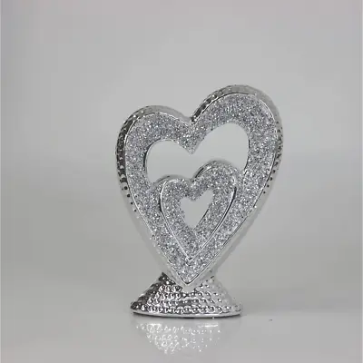 £13.99 • Buy Silver Heart Shaped Ornament Crushed Diamond Sculpture Crystal Diamante Statue