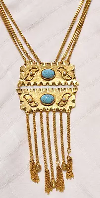 Unique! Vtg 2-panel Pendant Necklace Blue Art Glass Chain Tassel Dangles • $39.95