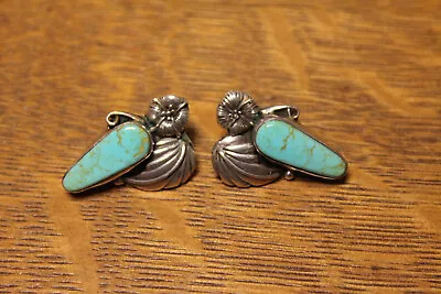 Vintage Turquoise Leaf And Flower Design Sterling Silver Post Earrings • $30