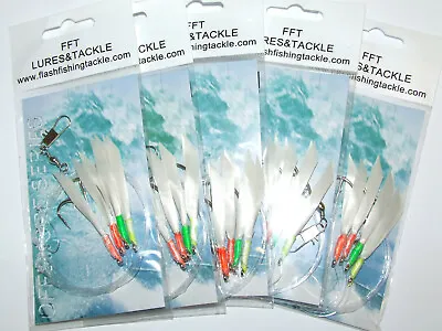 Mackerel Cod 5 Pack Daylight Feather Rig 4 Hook Size 4/0 Fishing Bass Lure Hokki • £5.99