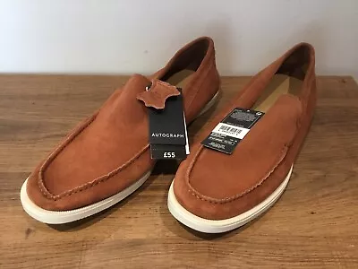 New Mens M&S Autograph Size 10 Terracotta Red Brown Slip On Suede Leather Shoes • £8.75