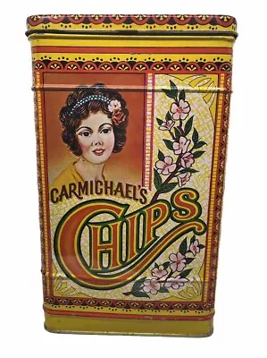 Vintage Carmichael's Chips Tin Retro Kitchen Canister 10 X 6.5 Hinged Cover  • $18