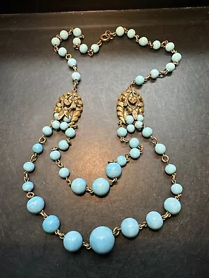 Vintage Unsigned Miriam Haskell Necklace Gilt Robins Egg Double Strand BlueGlass • $196