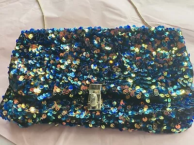 Cute Little Zara Clutch Evening Bag Handbag Blue Gold Sequins Chain 9”X 6.5” • £10