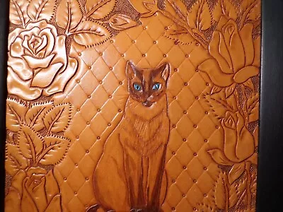 VTG Leather Siamese Cat Hand Tooled Hand Painted Embossed Picture Portrait • $12