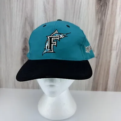 Vintage Florida Marlins Hat Cap Snap Back Teal Black Mens SnapBack Dual Logo MLB • $22.95