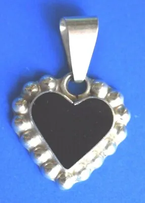 Vintage Black Onyx Puffy Heart Sterling Silver Pendant Necklace Signed Mexico • £31.34