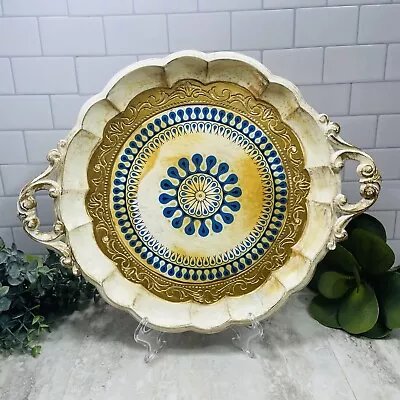 Vintage Italy Blue Yellow Gold Florentine 16” Round Serving Tray With Handles • $32.99