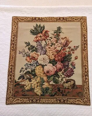 Vintage European Floral Bouquet Vase Creme Rose Nest Hanging Tapestry 26  X 30  • $69