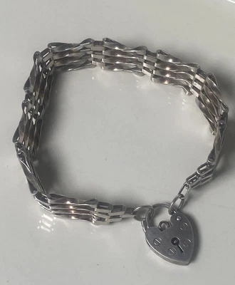 Ladies Sterling Silver Four Bar Gate Bracelet With Heart Padlock  - Hallmarked • £18