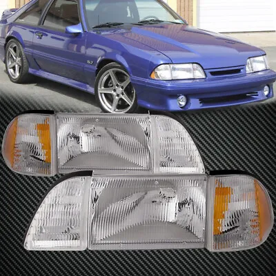 Fits 1987-1993 Ford Mustang GT LX 6-Piece Headlights Set W/Amber Corners • $155.95