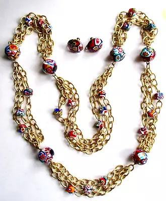 ITALY Vintage Colorful MILLEFIORI GLASS BEADS Chunky Chain NECKLACE EARRINGS SET • $10.50