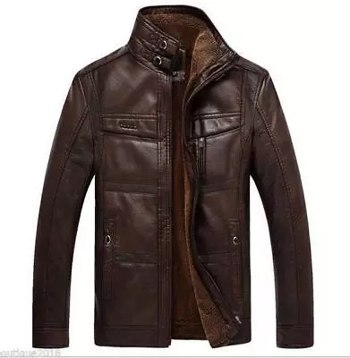Mens Leather Stand Collar Winter Coat Thicken Fleece Fur Lined Outwear Jacket • $48.06