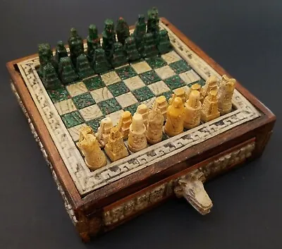 Mini Chess Set Aztec Mayan Incan Style Hand Made Carved Stone Wood Engraved  • $101.99