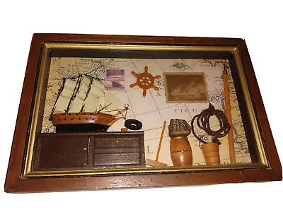 Vintage CLIPPER SHIP Nautical WORLD MAP Fishing Theme SHADOW BOX Wood/Glass • $29.95