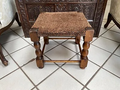 Antique Vintage English Victorian Oak & Leopard Upholstery Footstool Turned Legs • $195