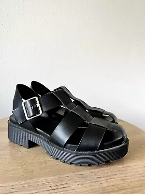 Zara Trafaluc Women's Black Leather Fisherman Platform Sandal 7.5M • $59.99