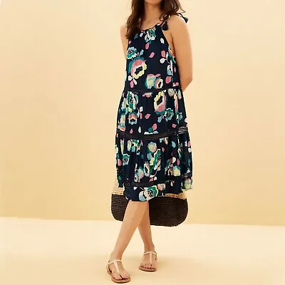 £12.95 • Buy Ex M&S Summer Beach Sun Holiday Dress, Tassel Trim, Navy Blue Floral Print
