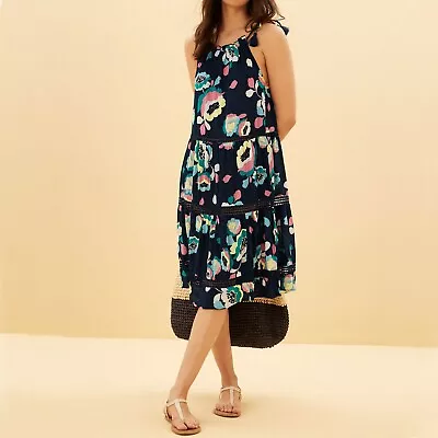 £12.95 • Buy Ex M&S Summer Beach Sun Holiday Dress, Tassel Trim, Navy Blue Floral Print