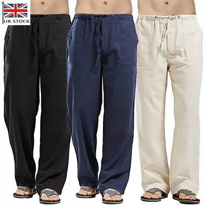 Men's Summer Beach Loose Cotton Linen Pants Yoga Drawstring Elasticated Trousers • £12.69