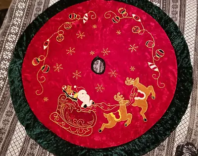 Vintage Christmas Tree Skirt W/ Embroidered Santa - Sleigh - Reindeer- Ornaments • $45