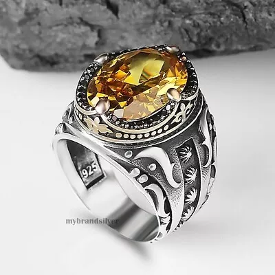 Turkish Handmade 925K Sterling Silver Jewelry Citrine Men's Ring All Size • $58