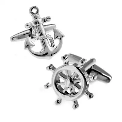 ANCHOR AND HELM CUFFLINKS Nautical Wheel Boat Ship Sailing Boating With GIFT BAG • $11.95