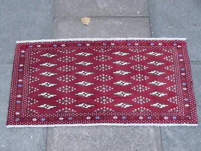 Vintage Traditional Hand Made Oriental Red Wool Small Rug 47x102cm • £50