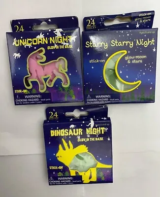 £2.95 • Buy GLOW IN THE DARK STICK ON DINOSAURS, MOON AND STARS, UNICORN. 24 Per Pack.