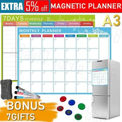 $13.99 • Buy A3 Monthly Planner Fridge Calendar Magnetic Whiteboard 3 Pens 6 Magnets 1 Eraser