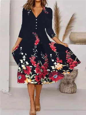 £13.59 • Buy UK Women V Neck Floral Midi Dresses Ladies Holiday Evening Party Dress Size 6-24