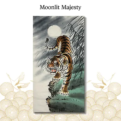 Moonlit Majesty: Original Chinese Tiger Painting Vintage Hand-Painted Ink Art • $129