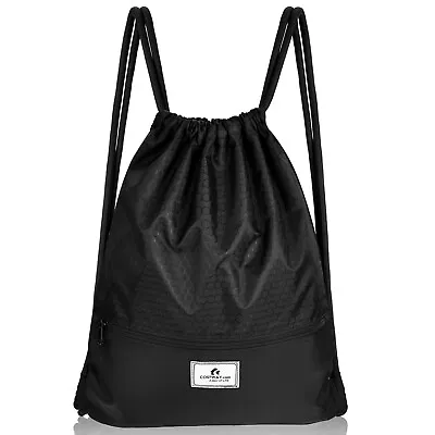 Costway String Bag Drawstring Backpack Folding Sports Sack W/Zipper Pocket Black • $13.99