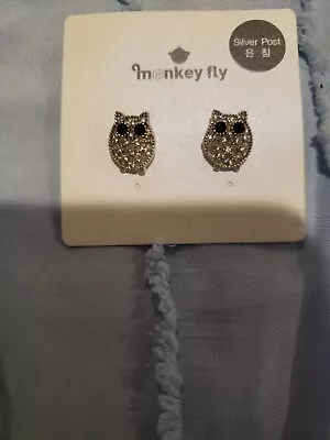 Monkey Fly Pave Silver Post Owl Sparkly Stud Earrings Nickel Free • $7.90