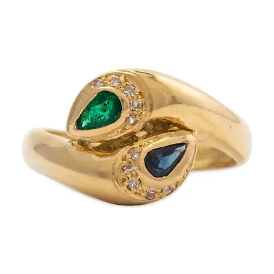 Vintage 18k* Yellow Gold Emerald Sapphire Diamond Snake Bypass Ring 6.25 • $619.50