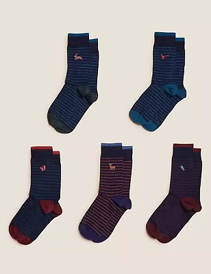 M & S COTTON RICH COOL & FRESH 5 Prs. SOCKS Navy Mix Striped Animal Design • £11.99