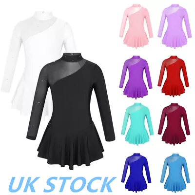 UK Kids Girls Rhinestone Long Sleeve Leotard Dress Ballet Ice Skating Dancewear • £11.03