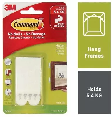 3M Command   Picture Hanging Strips White Medium 4 Pack HOLD 5.4KG • $7.95