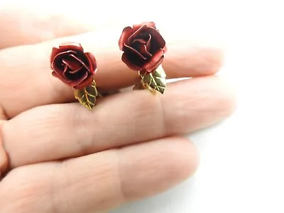 Red Tinted Gold Tone Metal Rose Clip On Earrings Vintage • $4.45
