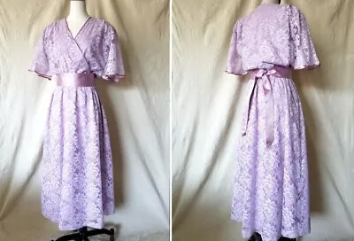 VTG 80s Halston III Lilac Purple Lace Tea Length Dress Faux Wrap Bodice & Sash • $59.99