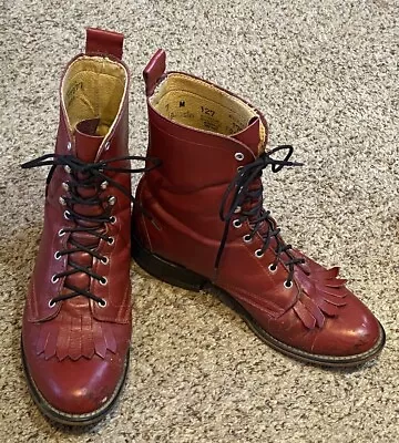 Vintage Laredo Red Leather Kiltie Fringe/Flap Lace-up Granny Boots Womens Sz 7 M • $32.99