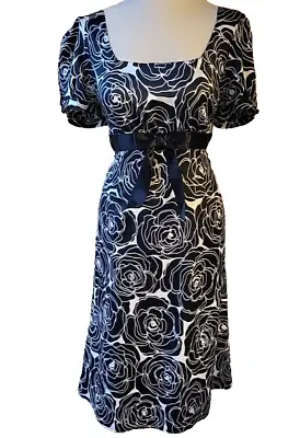 Laura Ashley Dress Ladies Black White Floral Satin S/Sleeve Empire Line 18 • £20