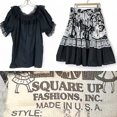 Vintage Square Dance Circle Skirt Set XL Black White Rockabilly Pockets • $64.99