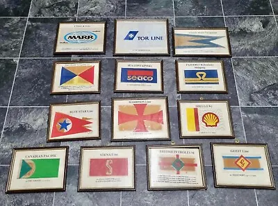 Vintage 13 Framed Shipping Line Desk Flags With Ships And Captains Names - Rare • £35