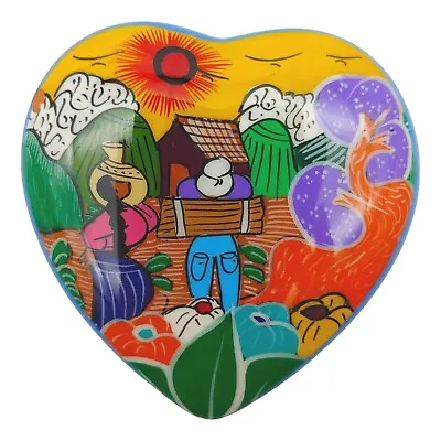 Mexican Terracotta Hand Painted Trinket Box - 3.5  Small Colorful Heart Shaped • $16.20