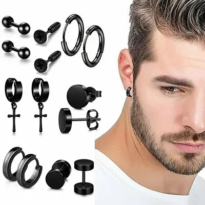 $11.08 • Buy 8 Pairs Black Stainless Steel Punk Earrings Stud Street Gothic Piercing Men Hoop