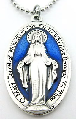 Miraculous Medal Pendant NecklaceRoyal BlueSilverNo Tarnish ChainPrayer Card • $8.95