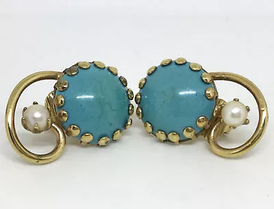 Vintage STAR Signed Turquoise Cabochons & Genuine Pearl Gold Finish EARRINGS 1” • $18.11